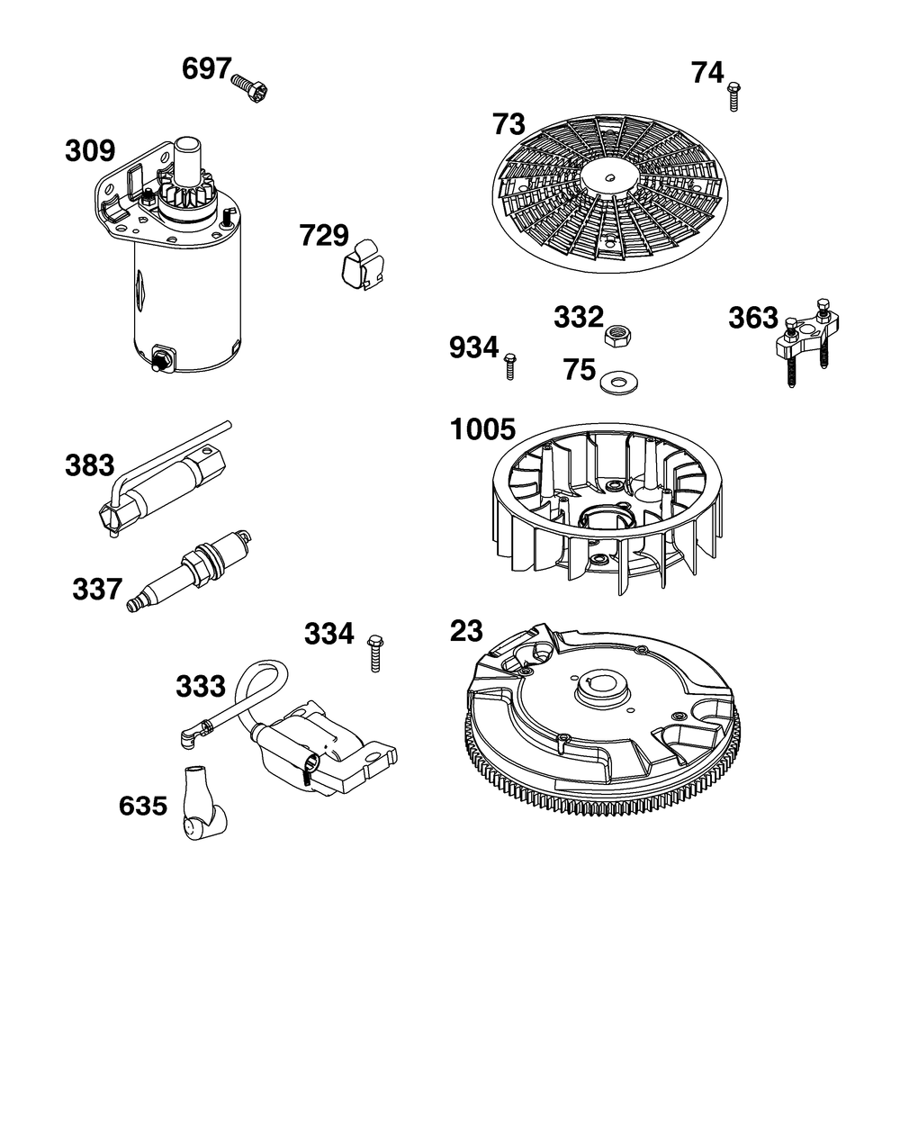 Flywheel, Ignition, And Starter Group Diagram and Parts List for 44U877-0004-B5 400000 - 699999 Briggs and Stratton Engine